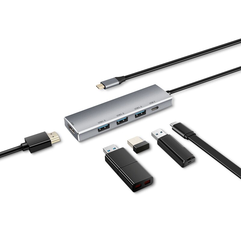 Usb c-hub voor mac-book pro/air, voor ipad pro 5- in- 1 usb c-hub met 4k hdmi- en 60w pd-oplaadpoorten, , 3 usb 3.0- hubs: Default Title