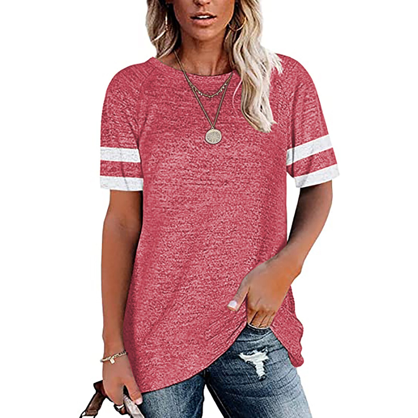 d'été en Europe et en Amérique de hauts manchon d'épissure pure couleur loisirs col rond manches courtes T-shirt