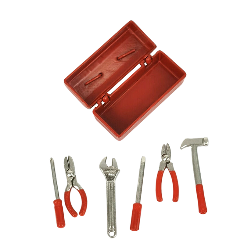 1 set dockhusminiatyrverktygslåda 【verktygslåda +6 verktyg】handgjorda verktygsset modellmöbler tillbehör dockhusdekor leksaker: Marinblå