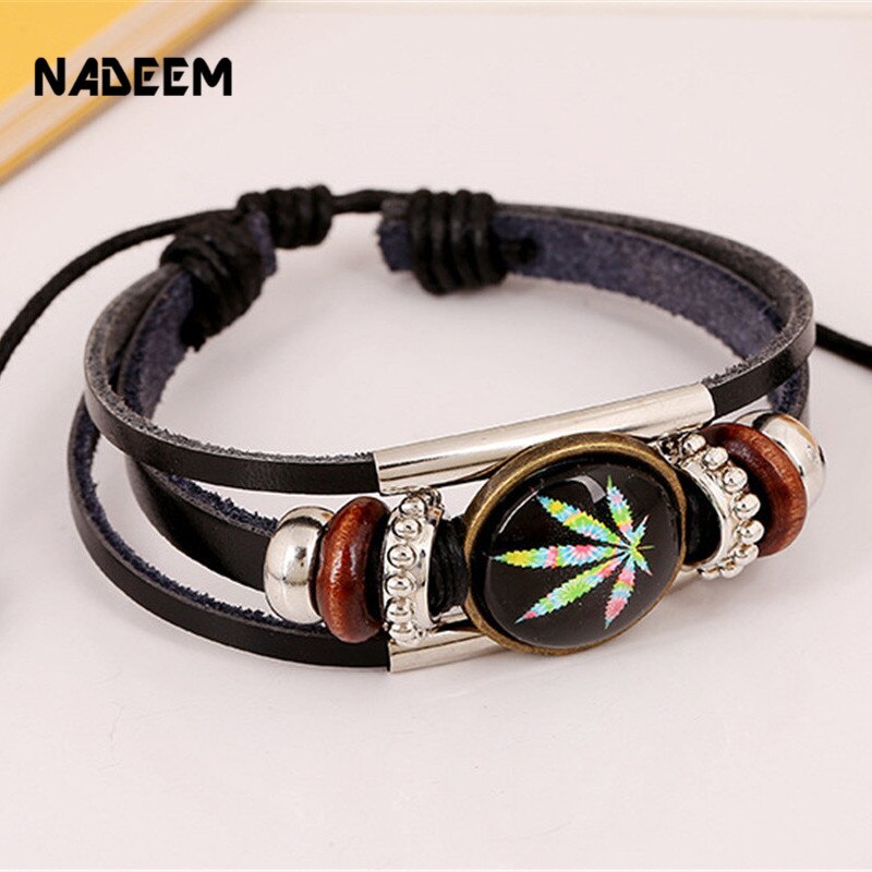 NADEEM-pulsera de cuero con de hoja de arce para hombre y mujer, brazalete ajustable de cuero trenzado, hecho a mano