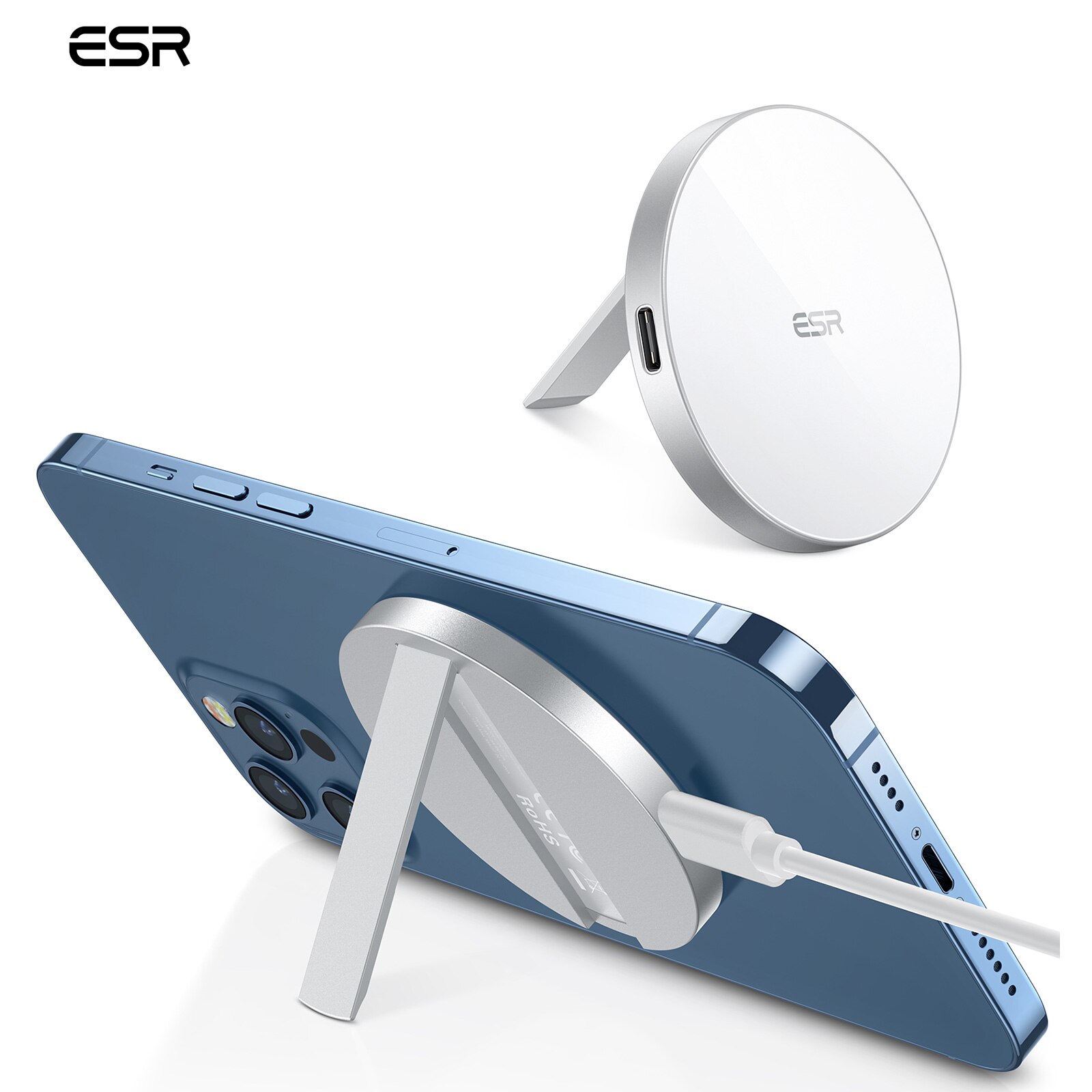ESR HaloLock Kickstand Wireless Charger for iPhone 15 14 Pro Max 7.5W Qi Fast Charging A to C Wireless Charger for iPhone 13 Pro: WHITE