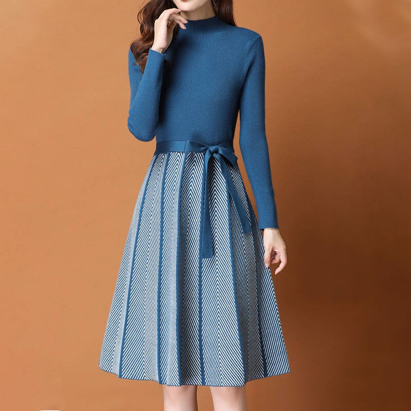 Knitted Sweater Pleated Dress Female Autumn Winter Dress Long Sleeve Sweater Women Dress Office Lady Casual Midi Dress
