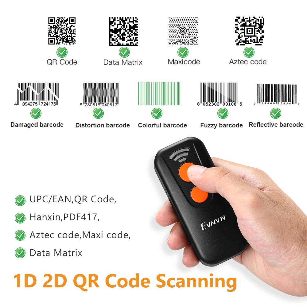 Evnvn Portable Bluetooth 2D 1D QR Barcode Scanner USB Wired 2.4G Wireless Bar Code Reader Scanner For warehouse supermarket