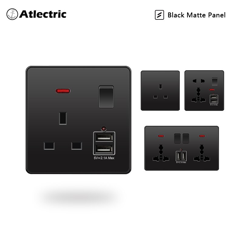 Atlectric Usb Wall Socket EU Standard Electrical Socketes Black Large Plastic Panel Multi-function Socket With Switch AC110-250V