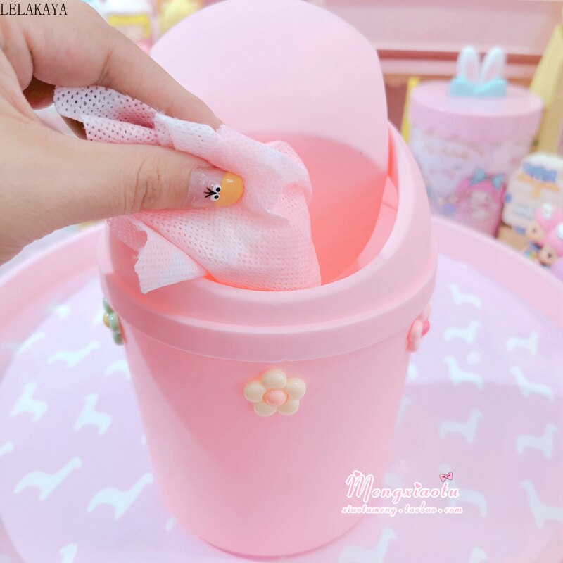 Kawaii Pink Strawberry Flower Waste Bin Desktop Portable Plastic Mini Shake Cover Garbage Basket Sakura Home Bedroom Trash Can