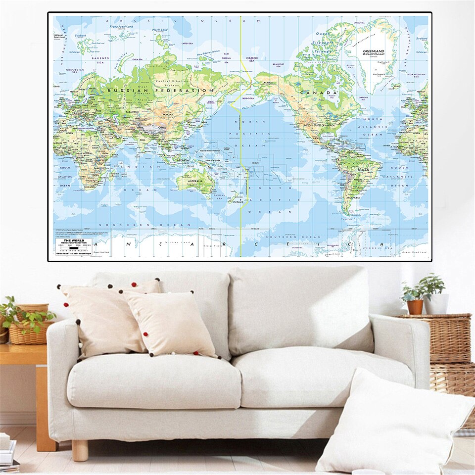 225*150cm The World terrain Map Large Wall Art Poster Non-woven Canvas Painting Kids School Supplies Classroom Home Decor