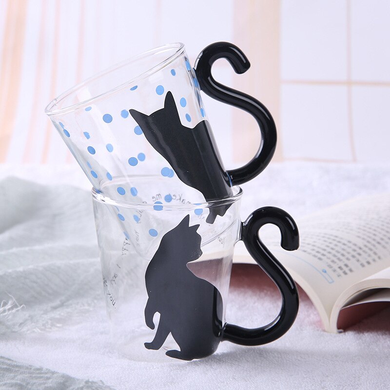 Taza de cristal con asa para gato, taza de cristal de dibujos animados para hogar, oficina, café, cocina, impreso, accesorios
