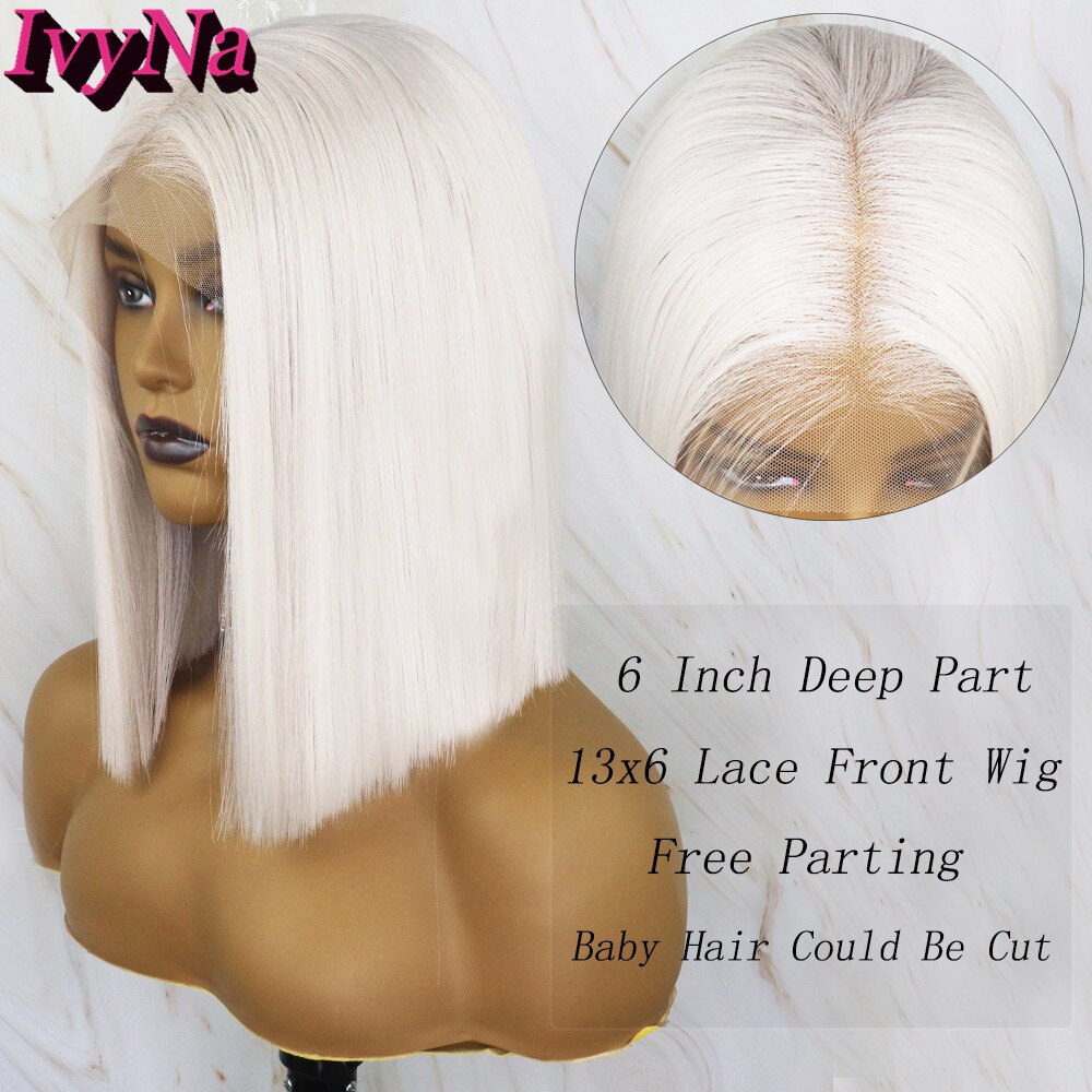 IvyNa Platin blond Kurze Bob Synthetische Spitze Vorderseite Perücken 13x6 Weiß blond 13x6 Spitze frontal Perücken schulter Länge Vor Gezupft
