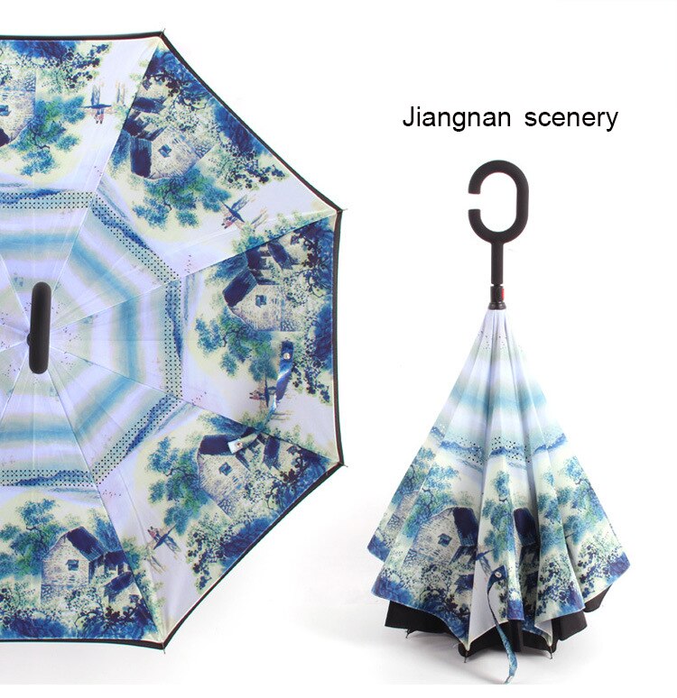 Windproof Reverse Folding Umbrellas Double Layer Inverted Umbrella C Handle Stand Rainy And Sunny Women Men: jiangnan scenery