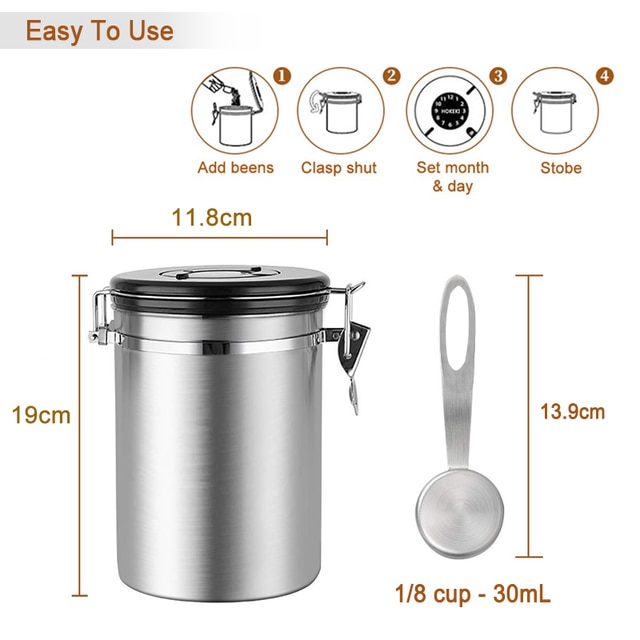 Coffee Storage Container Airtight Stainless Steel Coffee Canister Vault Coffee Bean Container with CO2 Valve to Keep Beans Fresh: L