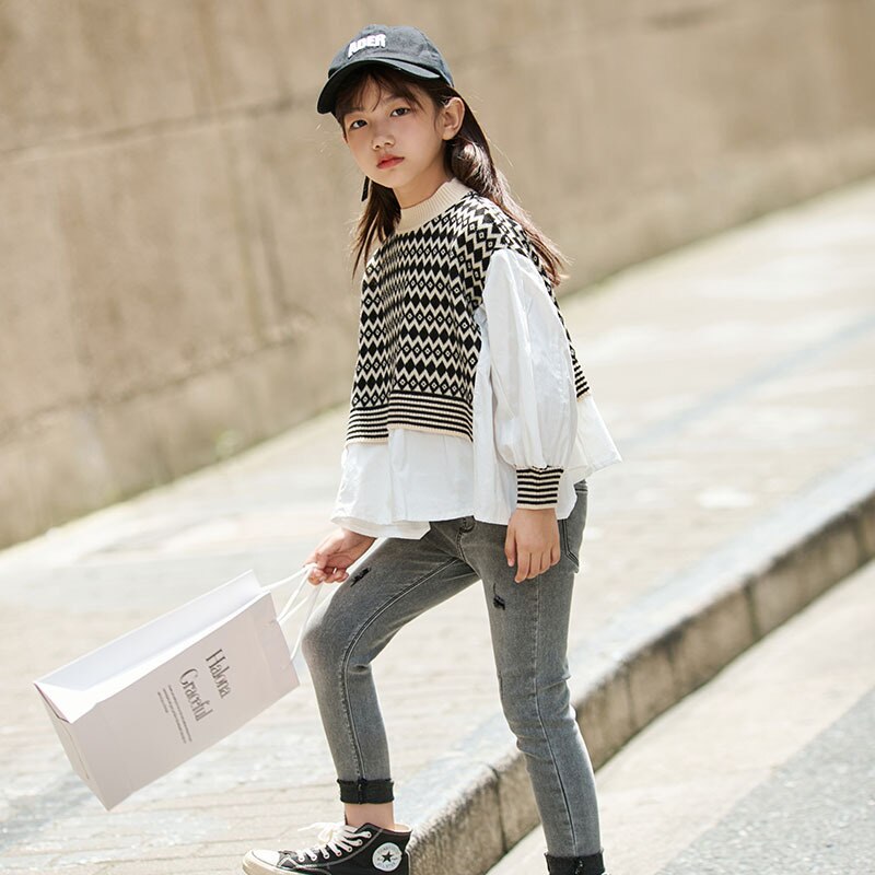 Girls Sweater Autumn Patchwork Irregular Kids Tops Teen School Casual Long-sleeve Clothing 12 14 Years Children Sweaters