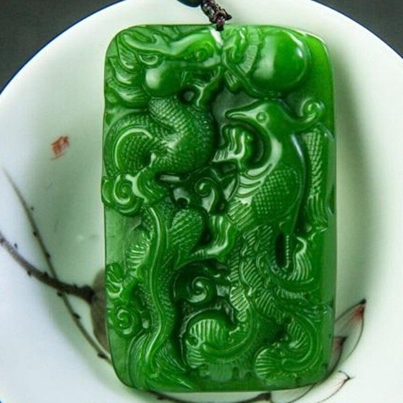 Natural Green Hand Carved Longfeng Jade Pendant Jewelry Men&#39;s and Women&#39;s Longfeng Chengxiang Necklace