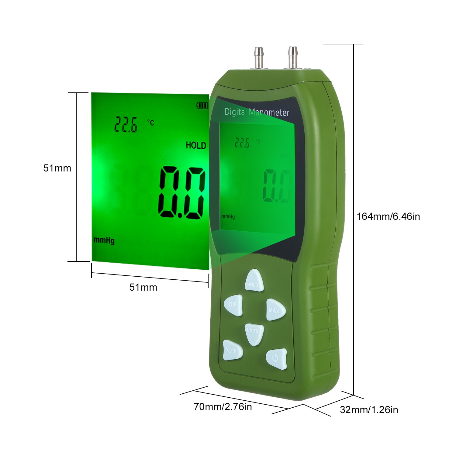 Handheld Digital Air Pressure Meter 12Unit Dual Port Differential Pressure Gauge HVAC LCD Backlit Natural Gas Analyzer Manometer