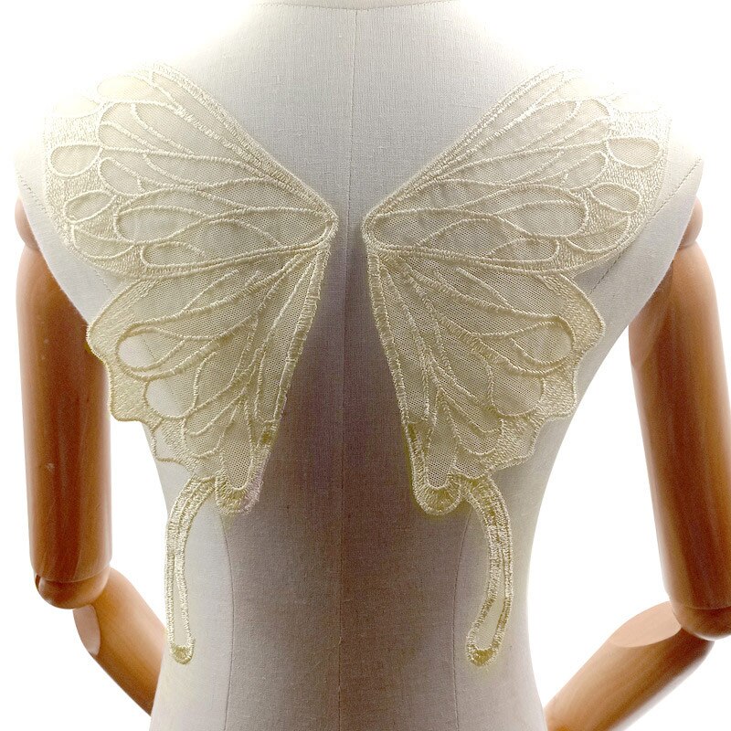 1 Paar Vlinder Patroon Kanten Kraag Diy Geborduurde Applicaties Lace Butterfly Wing Naai Op Patches Voor Jurk Diy Craft Decoratie: Beige