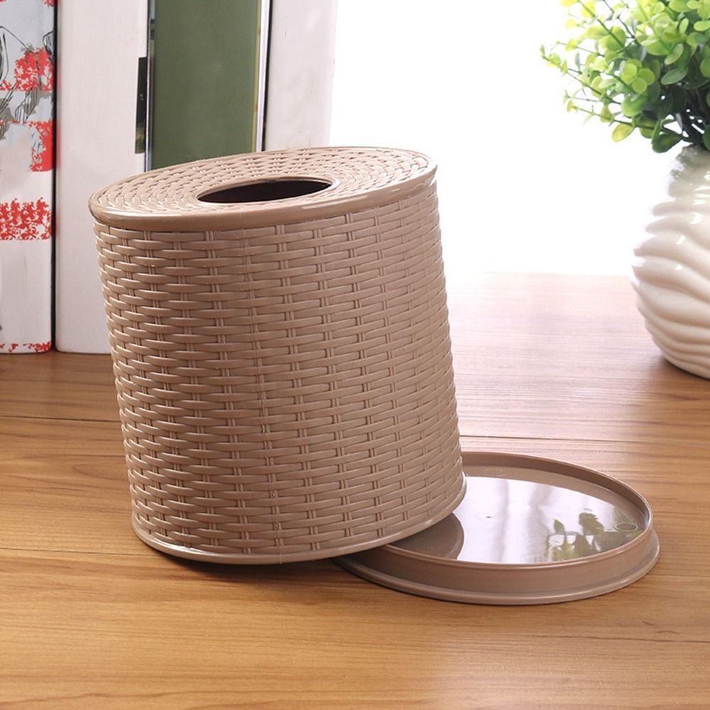 Caja de almacenamiento de pañuelos de mimbre de simulación Beige/marrón oscuro, rollo decorativo a prueba de polvo, estante de papel, contenedor, caja de pañuelos de plástico redonda
