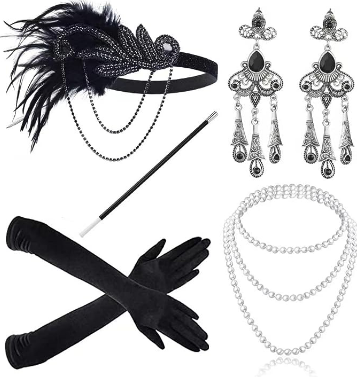 PESENAR 1920s Great Gatsby Accessories for Women Flapper Headpiece Headband Gloves Costume Harlem Nights Accessories Set: Beige
