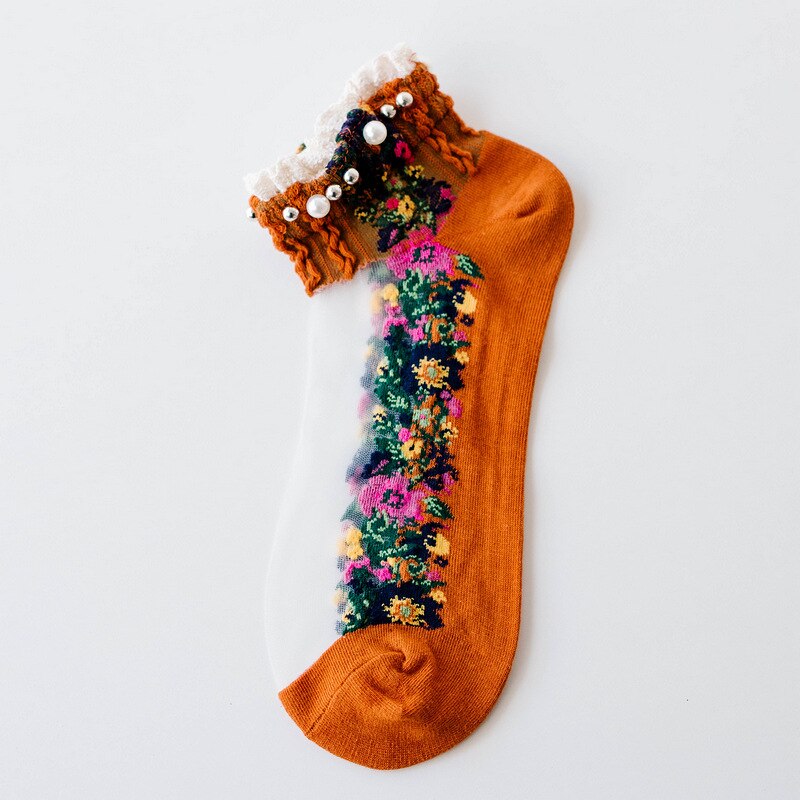 Spring Summer Retro Ankle Socks Pearl LIttle Floral Sock Mesh Patchwork Breathable Cotton Scck Cute Soft National style Hosiery: Orange