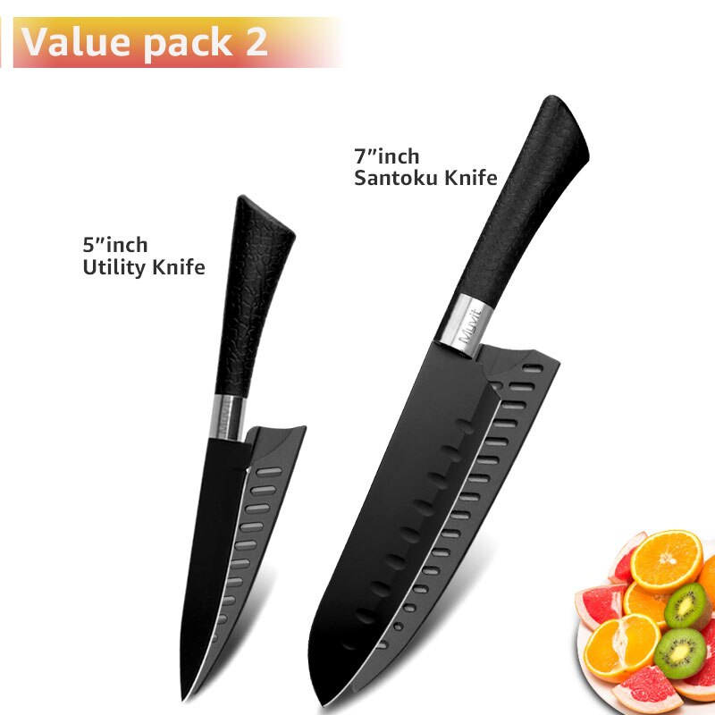 Chef Knives Set Stainless Steel Paring Utility Santoku Chef Slicing Bread Knives Black Blade Kitchen Accessories Set Tools: set 6