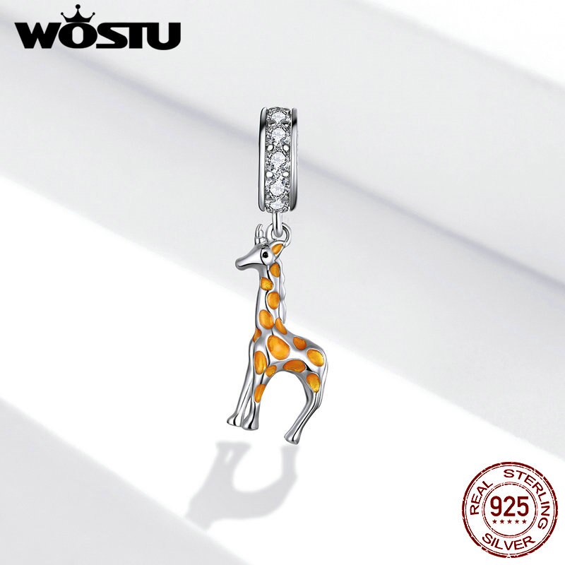 WOSTU Real 925 Sterling Silver Giraffe Dazzling Clip Charms Round Crystal Crown Heart Beads Fit Original Women Bracelet