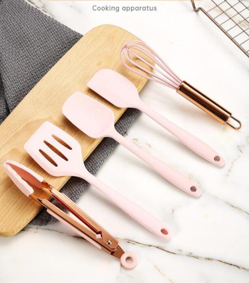 Rose gold handle,Silicone Cooking Utensil Set of 5, Nonstick Cooking tool,Slotted Turner,Spoonula,Spatula,Whisk With Storage Box