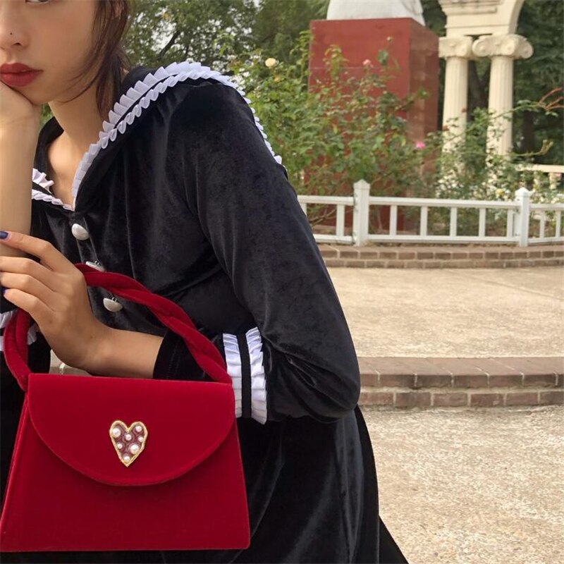Women's Velvet Handbag - Small Size - Pearl Shoulder Strap - Vintage Style - Top Handle Bag