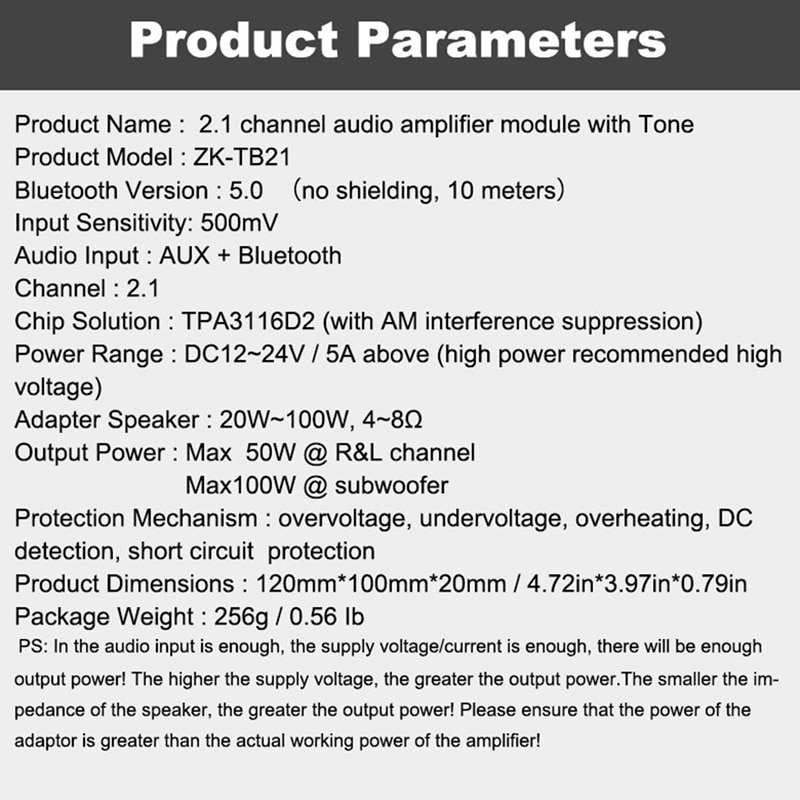 ZK-TB21 tpa3116d2 bluetooth 5.0 subwoofer amplificador placa 50wx2 + 100w 2.1 canais de potência o placa amplificador estéreo