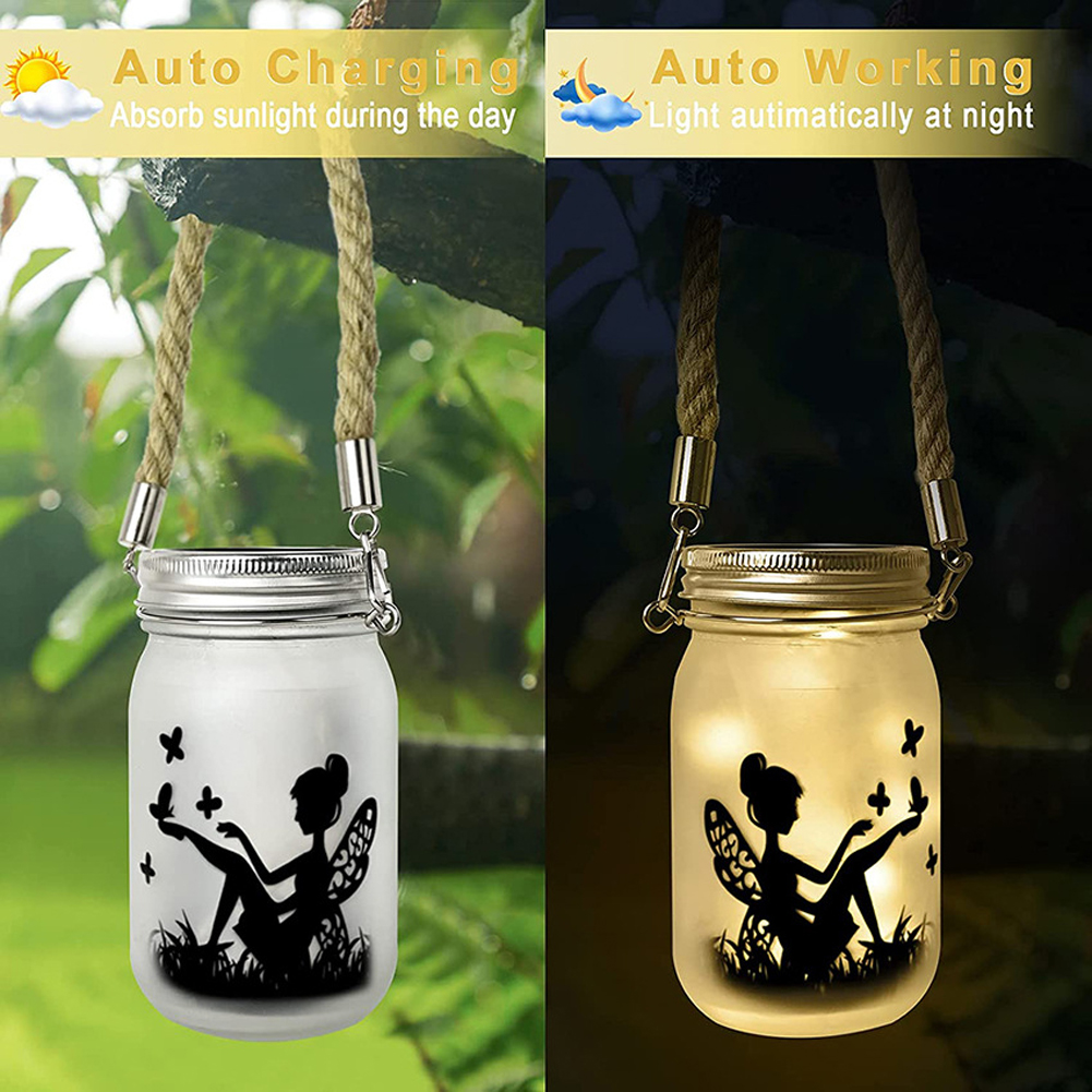 2PCS Hanging Frosted Glass Mason Jar Fairy Lights,Solar Garden Waterproof lights Solar Fairy Lantern Light