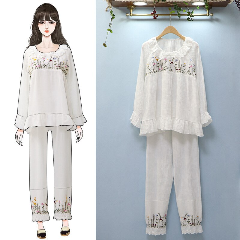 XIFER Women Lolita Pajama Sets Lace Embroidered Flowers Tops Long Pants Vintage Ladies Pyjamas Set.Victorian Sleepwear