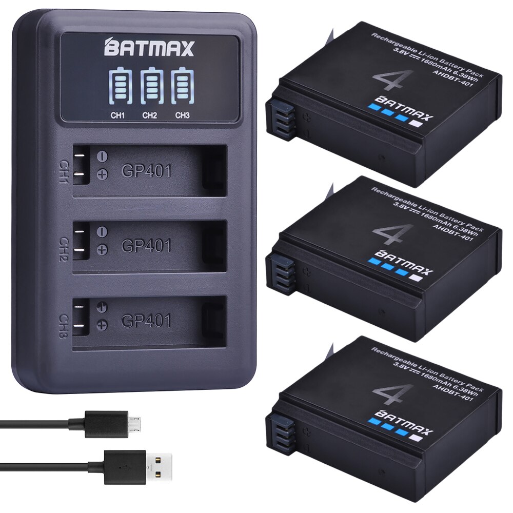 Batmax 3Pc voor Gopro 4 1680mAh AHDBT-401 Batterij + LED 3 Slots USB Lader voor Gopro Hero 4 actie camera Accessoires