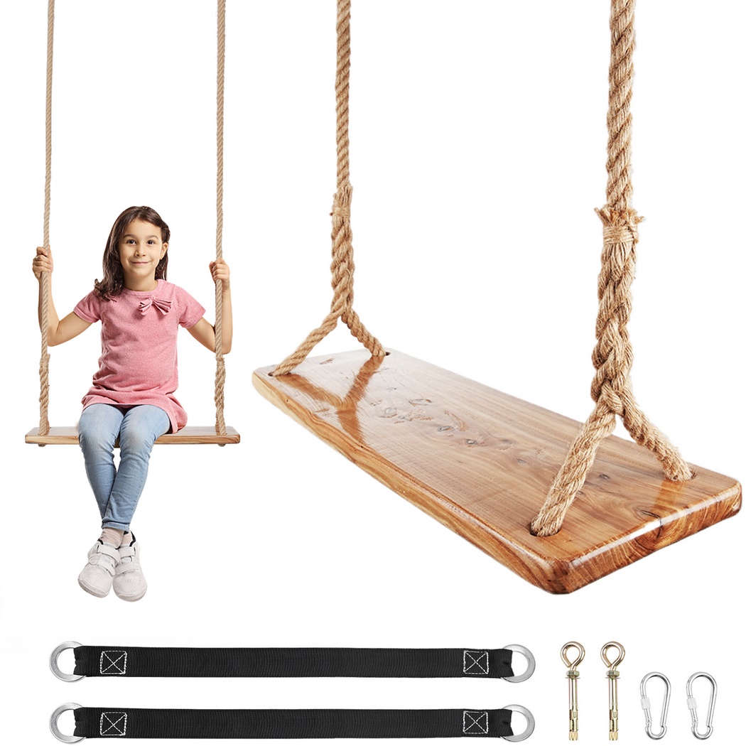 Columpio de árbol de madera de 250 libras, columpio de madera resistente con cuerda de cáñamo ajustable, asiento de columpio colgante impermeable para exteriores para niños: Default Title