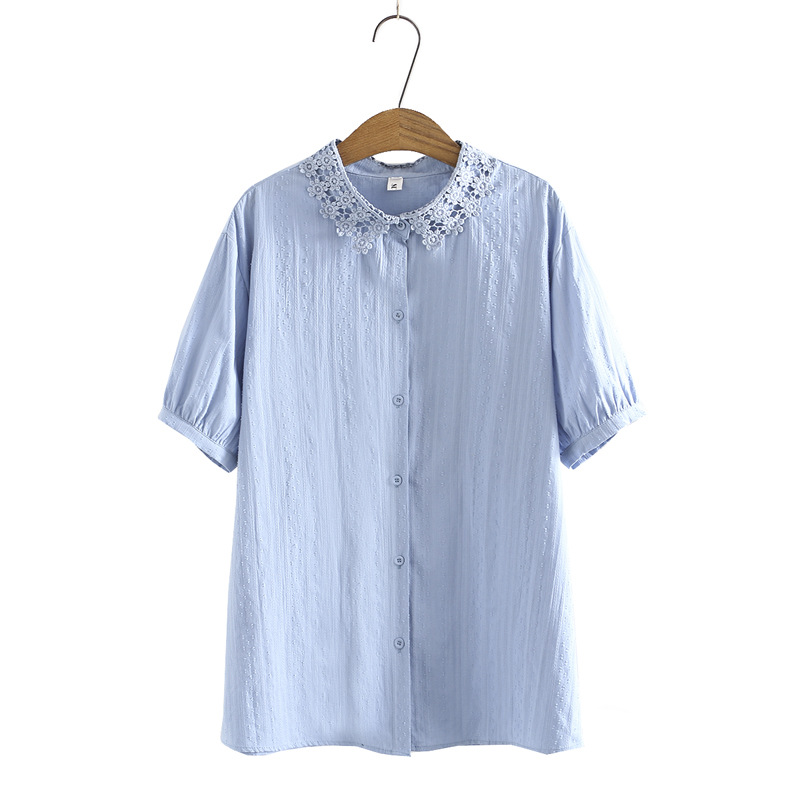 Chemisier à manches courtes pour femme, haut ample à boutons, en coton, jaune et blanc, grandes tailles 3xl, 4xl, 5xl et 6xl, été: Bleu / 4XL