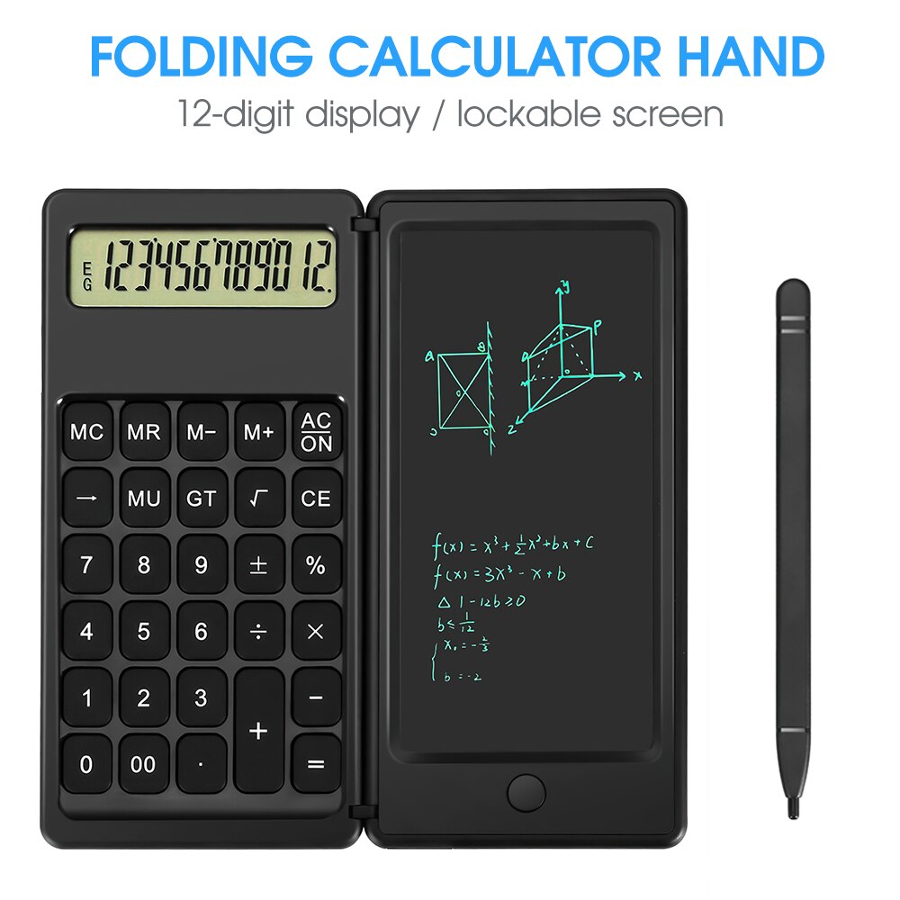 Spash faltbarer taschenrechner, tragbarer 12- stelliger taschenrechner mit 6- zoll-lcd-schreibtablett, zeichenfläche, stift und radierfunktion
