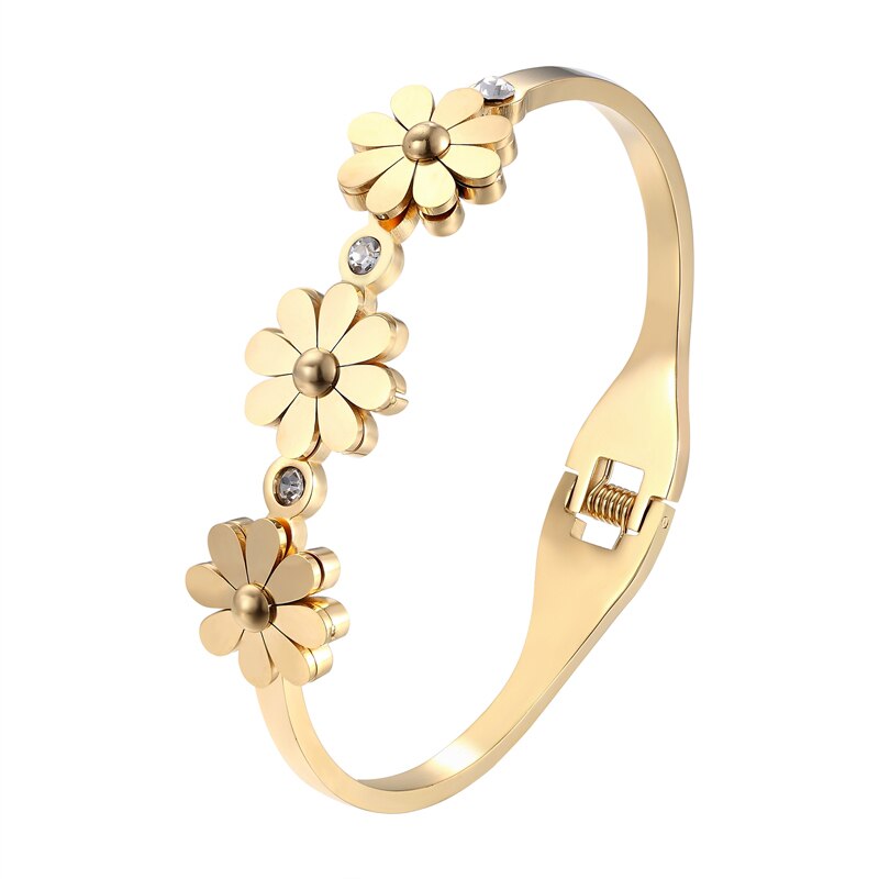 Cute Crystal And 3 Chrysanthemum Shape Bracelets &amp; Bangle Stainless Steel Spring Open Gold Color Bangle For Women Brand Jewelry: Gold