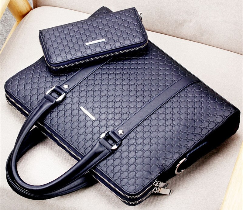 Men Briefcase Shoulder Bag Male Crossbody Bag 14 Inch Laptop Bag Travel Bag Man Double Layers Handbag: Blue with Wallet