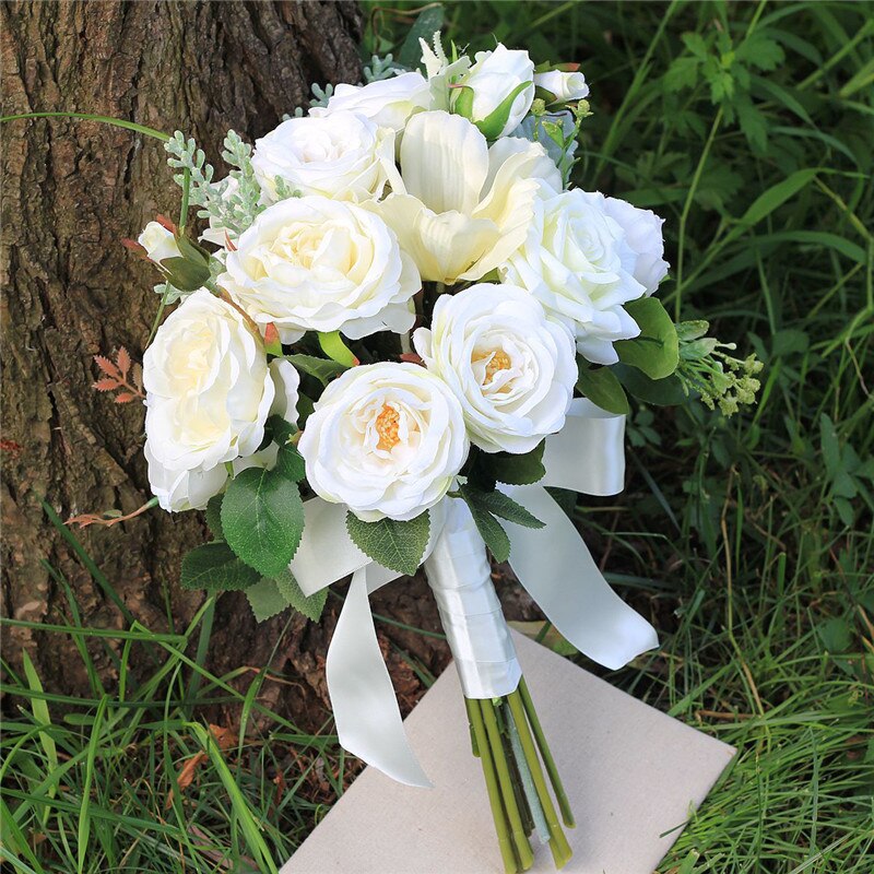 Rose Bridal Bloemen Kunstmatige Bruidsboeketten voor Bruiden Casamen Lint Bruiloft Bloemen Broche Boeketten Boeket De Mariage