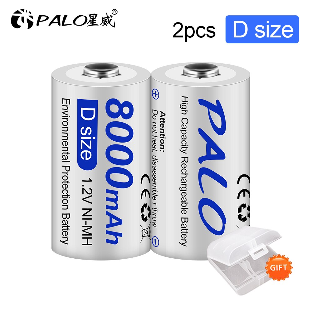 PALO D Size R20 Rechargeable Battery 1.2V NIMH D Cell Batteries 8000mAh for Toys,Radio,Microphone,Gas Cooker D battery: 2pcs
