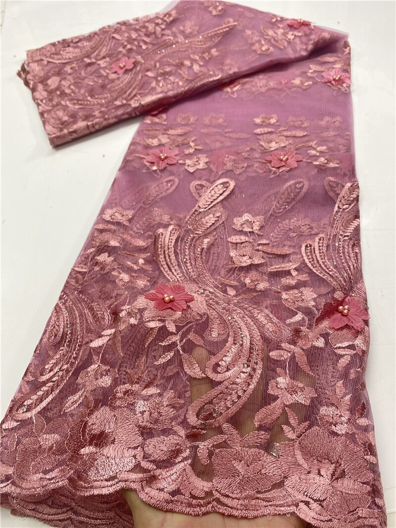African Beaded Lace Fabric 3D Tulle Lace Material French Nigerian Lace Fabrics For Wedding Sewing YA3631B-4: Picture 4