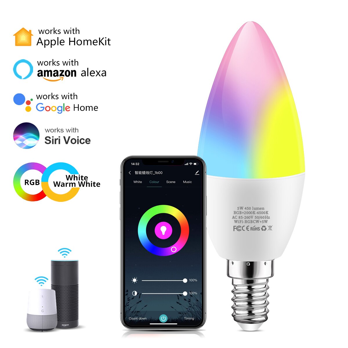 Wireless LED WIFI Smart Lamp Dimmable E14 GU10 APP Control E27 RGB Light Bulb Work With Apple Homekit Siri Alexa Google Home: E14 5W / Light Bulb x 2