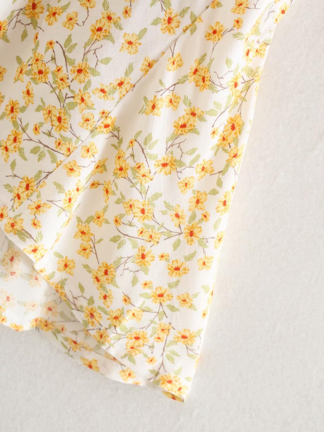 Women yellow flower print irregular pleated ruffles midi skirt faldas mujer ladies side zipper vestido skirts QUN611