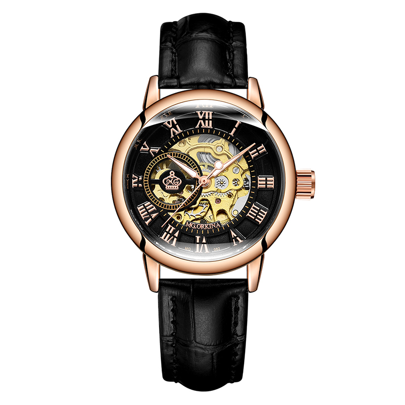 ORKINA Mechanische Frauen Armbinde Uhr Skelett Automatische Armbanduhr Gittergewebe Edelstahl Band Weibliche Uhr schick Reloj Mujer: 082 Schwarz L