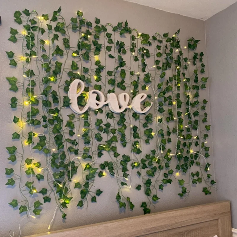 Hojas de seda, enredadera falsa, hoja verde, vid de hiedra con luces LED, guirnalda colgante para de boda en casa, flor Artificial