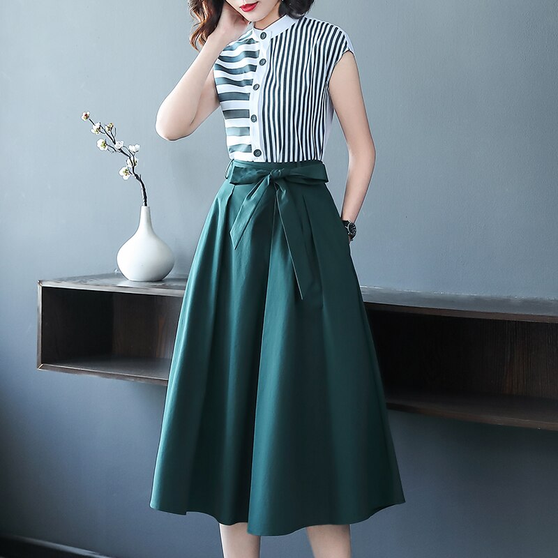 Womens Striped Shirt Top Irregular Skirt Two Piece Set