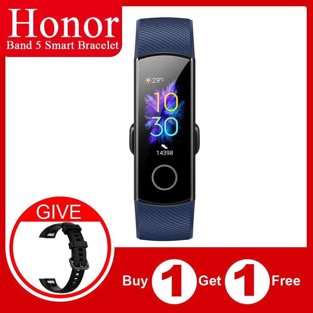 Originele Honor Band 5 Globle Versie Smart Wirstband Fitness Armband Tracker Stappenteller Hartslag Sleep Monitor Waterdichte Band: Blue and Black