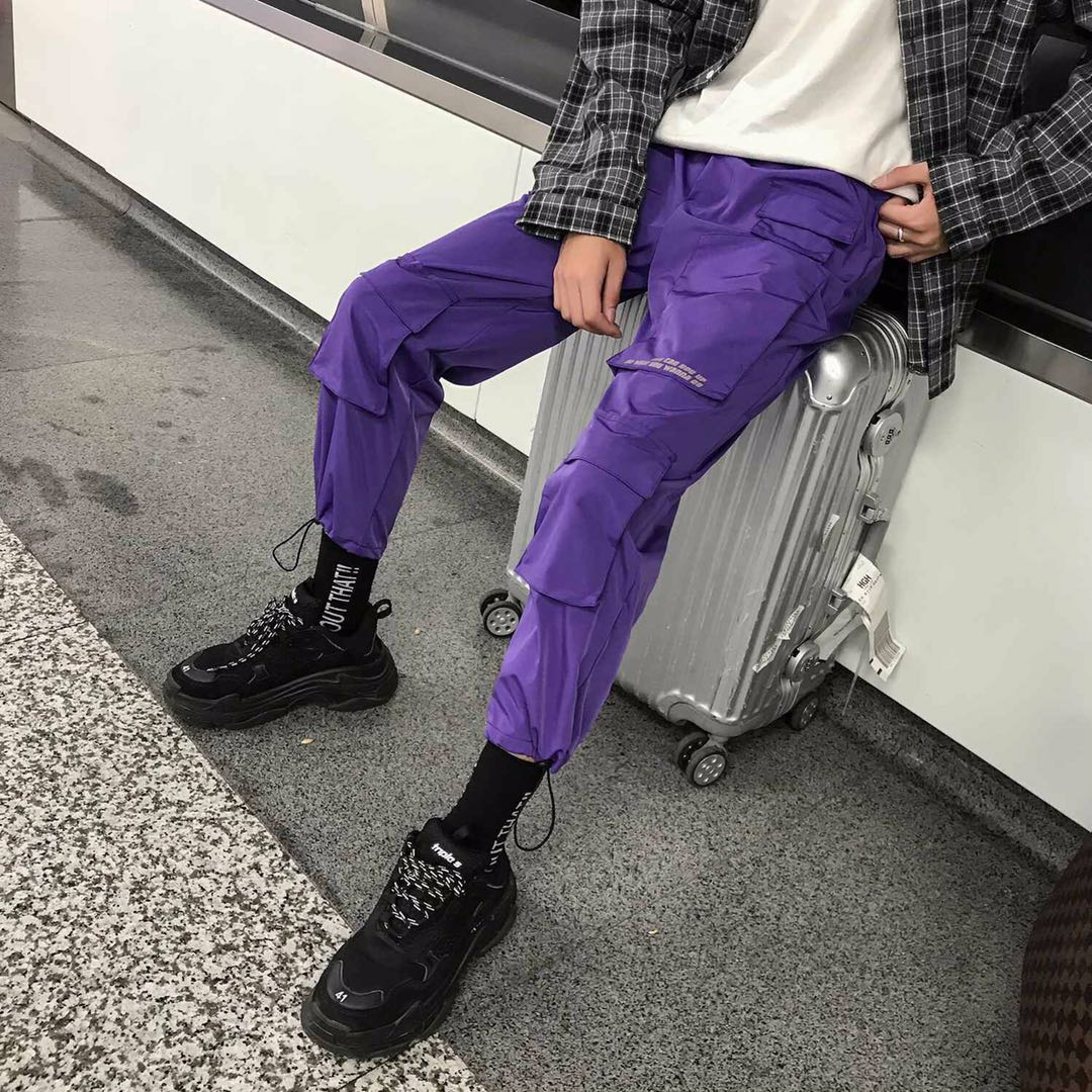 Menn streetwear last bukser kjeledress herre posete hofte hopp jogger bukser lommer harem bukser lilla joggebukser koreansk: Asiatisk størrelse m / Lilla