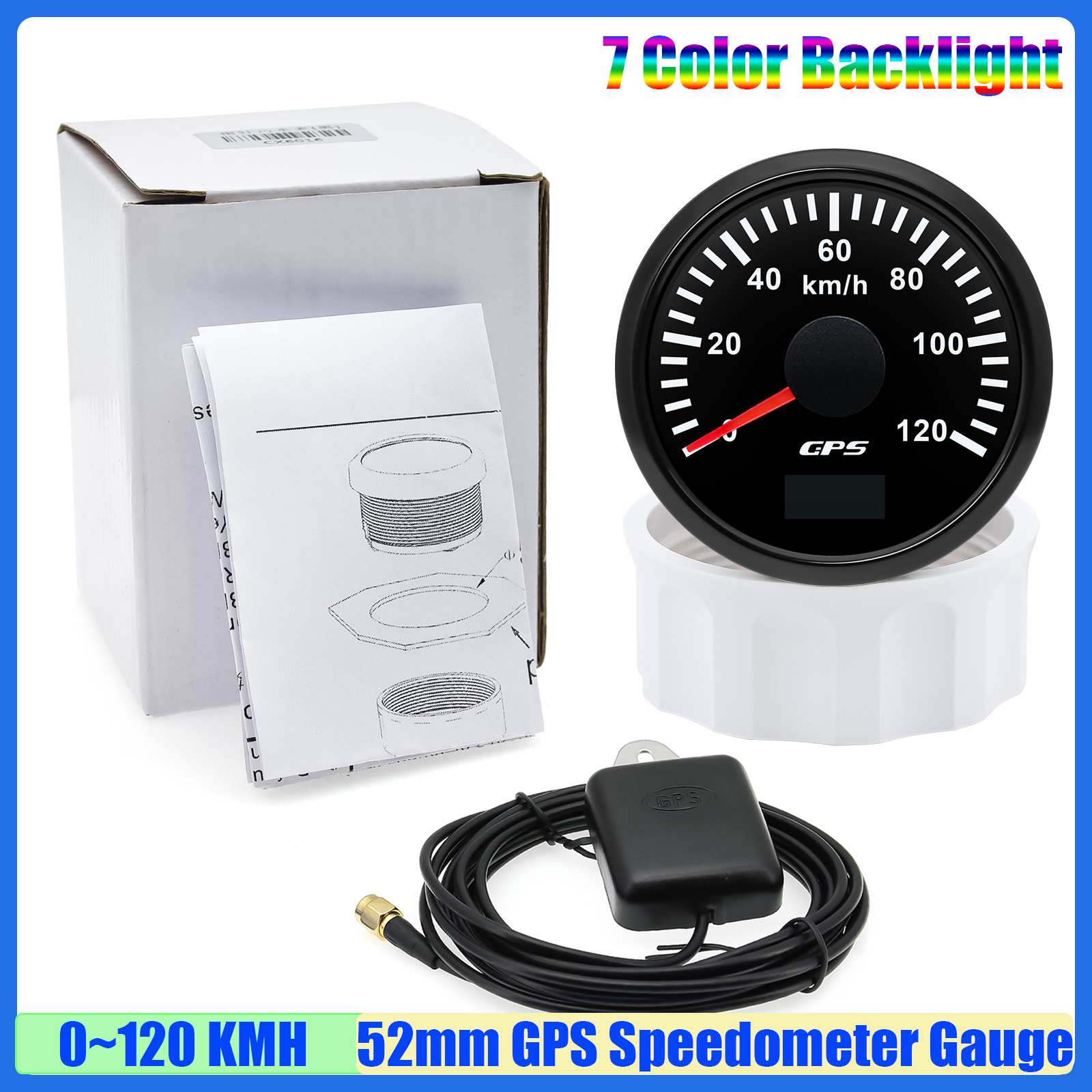 30 km/t 60 km/t 80 km/t 120 km 200 t gps-speedometer med antenne 7- farvet led-hastighedsmåler kilometertæller auto bil båd 12 v 24v brugerdefineret: Hvid