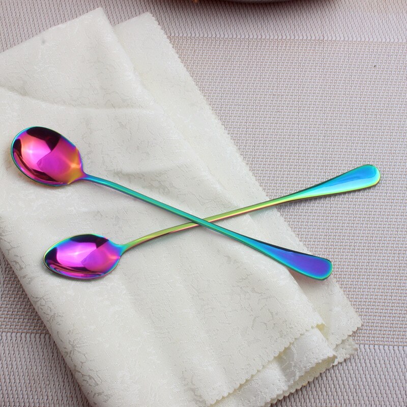 Keythemelife 1Pcs Rainbow Coffee Spoon Stainless Steel Scoop Cold Drink Fruit Long Ice Scoop for Christmas A