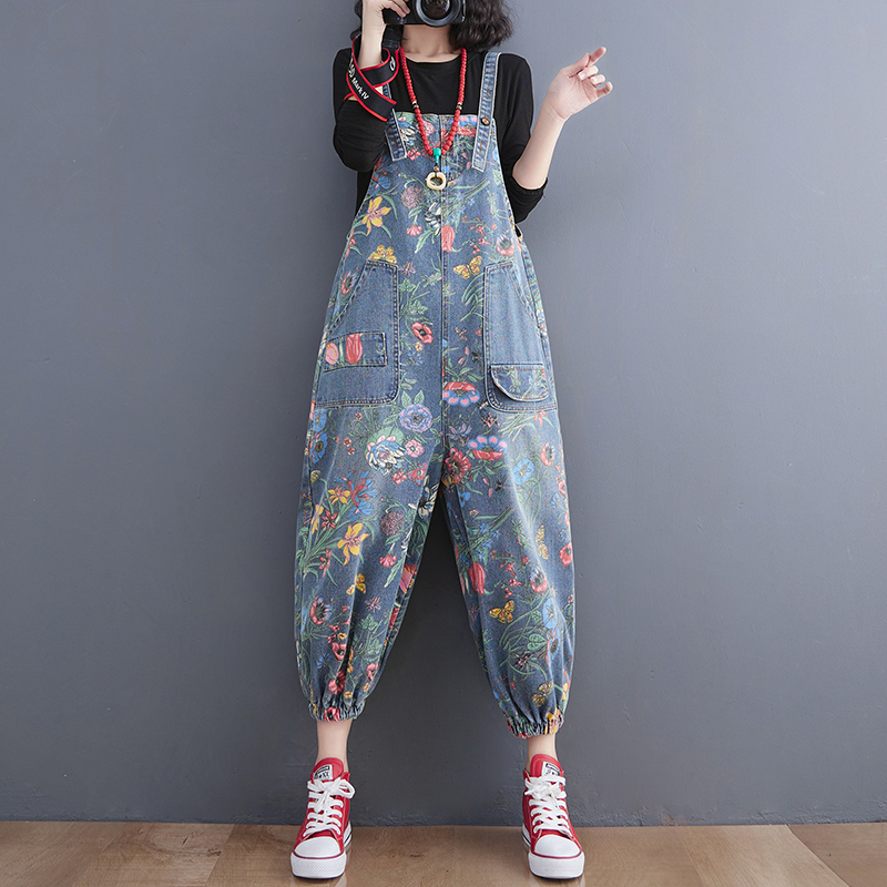 Streetwear-tryck blommiga denimoveraller för kvinnor dungarees axelband baggy sparkbyxor lösa jeans med vida ben jumpsuit