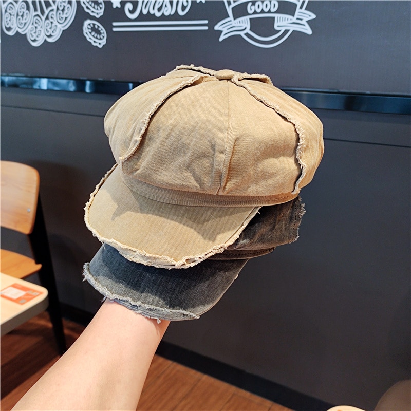 Chapeau coréen octogonal pour femme, Dongdaemun rétro, littéraire, lavage et vieux bords, béret de journal, printemps et été