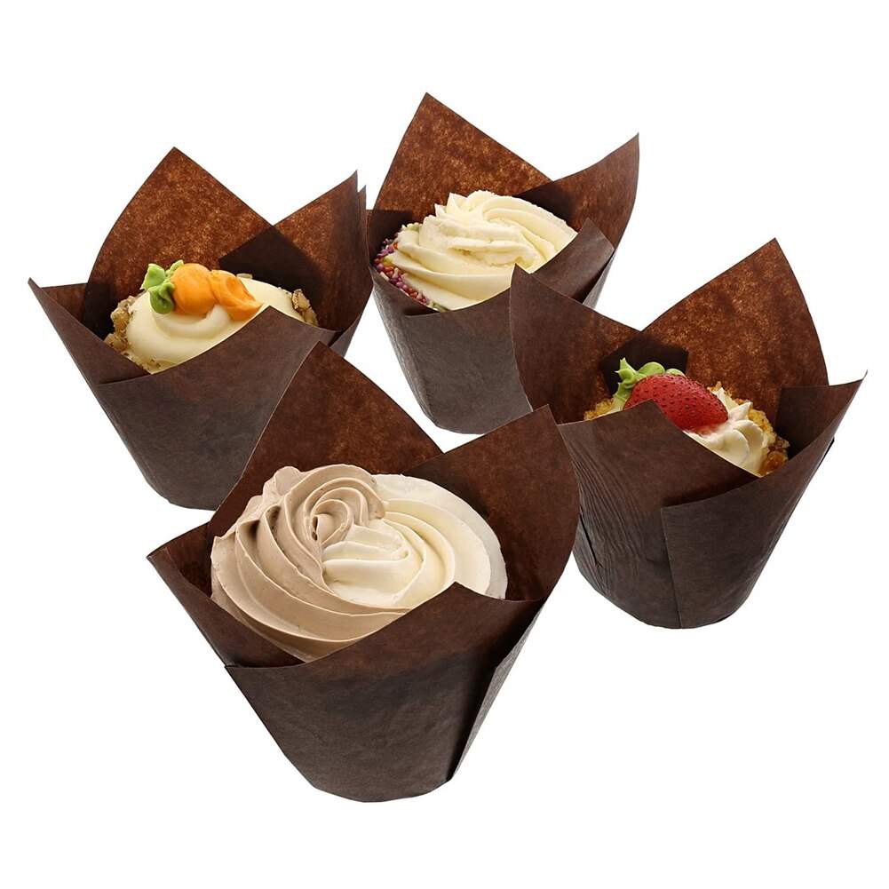 50pcs Tulip Style Cupcake Baking Paper Cups Baking Muffin Box Cup Case Making Oilproof Cake Wrapper Dainty Baking Cups: Khaki