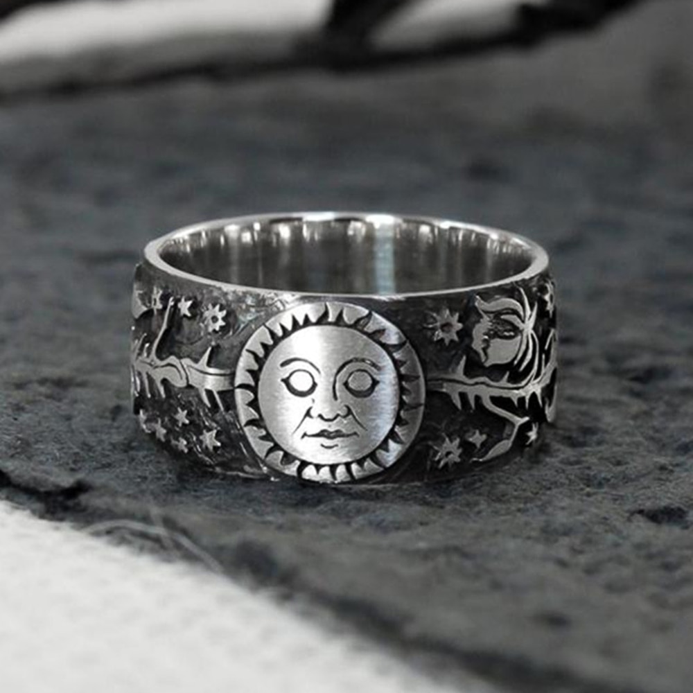 Huitan vintage metalstil par fingerringe solmåne stjerne blade mønster antik hverdag slid kvinder ringe retro smykker: 9